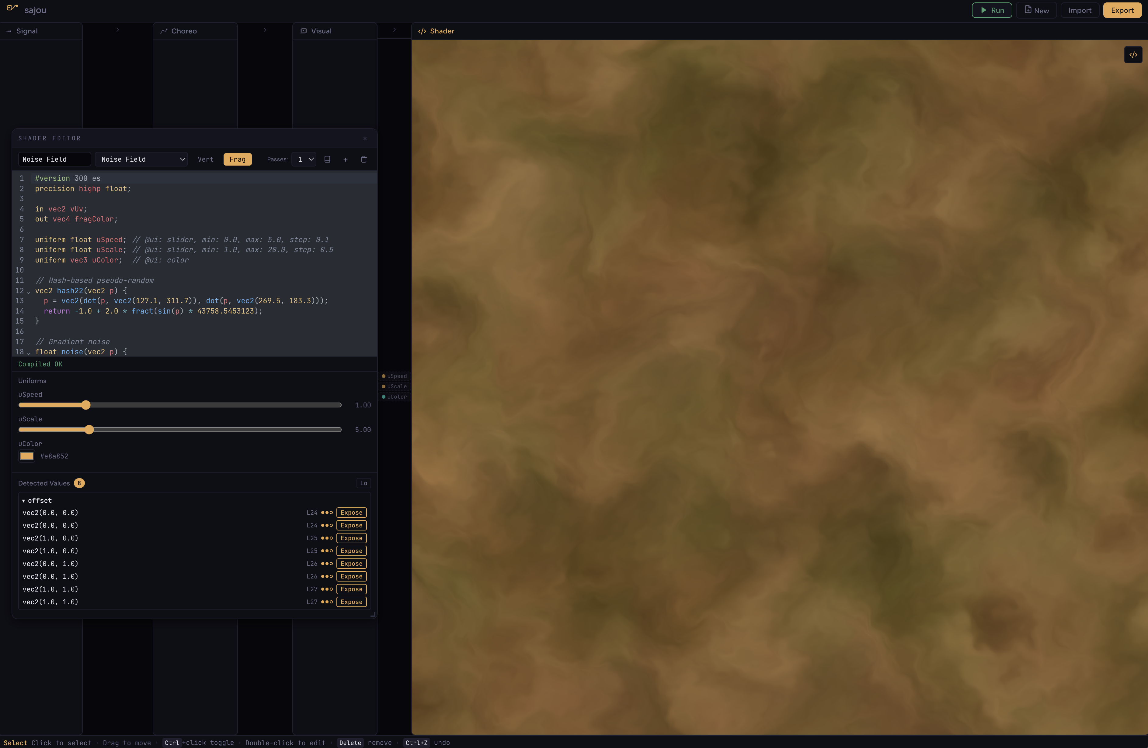 Shader editor showing noise field terrain shader with FBM code