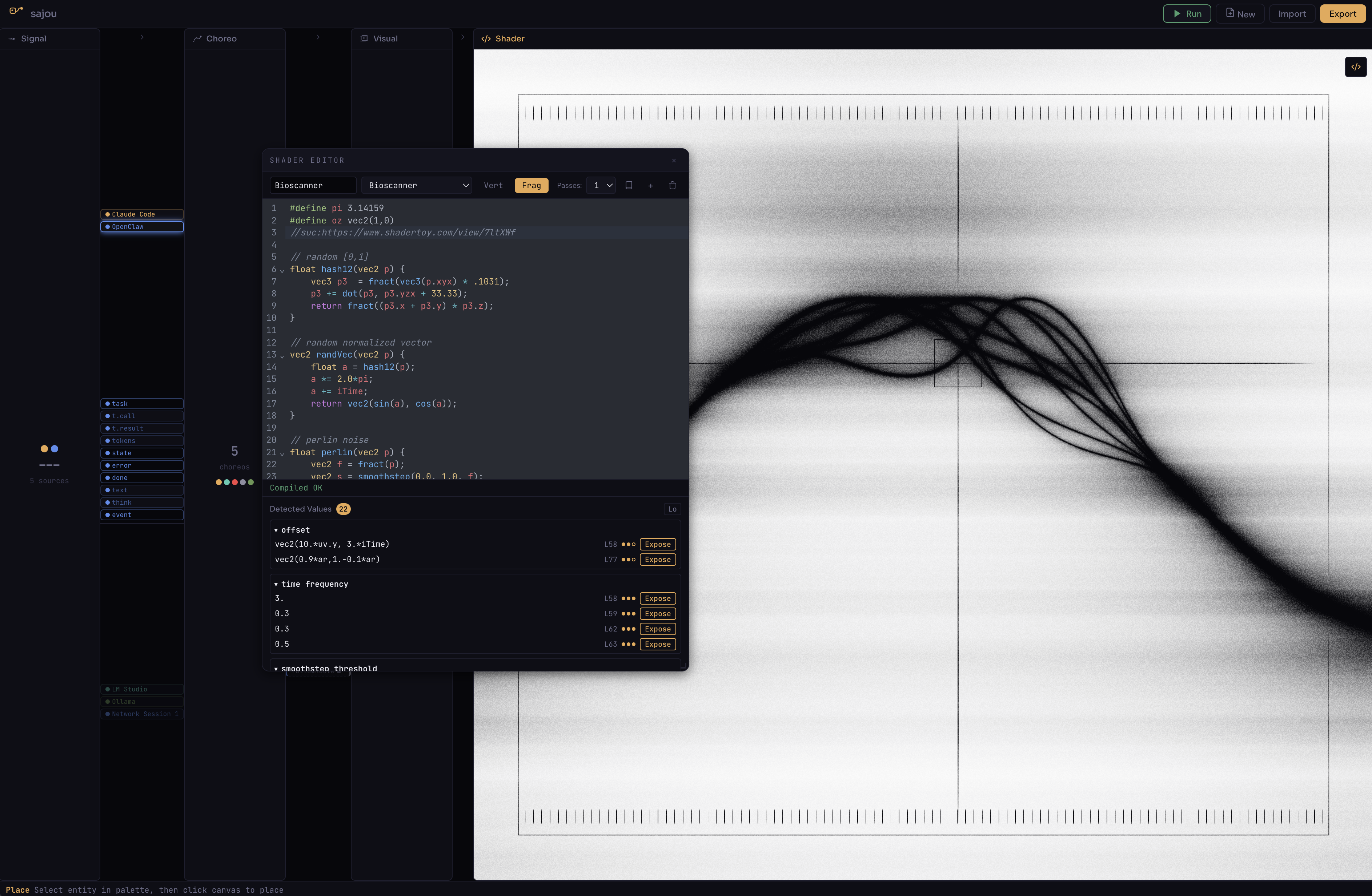 Shader editor showing a wave oscillation shader with live WebGL preview