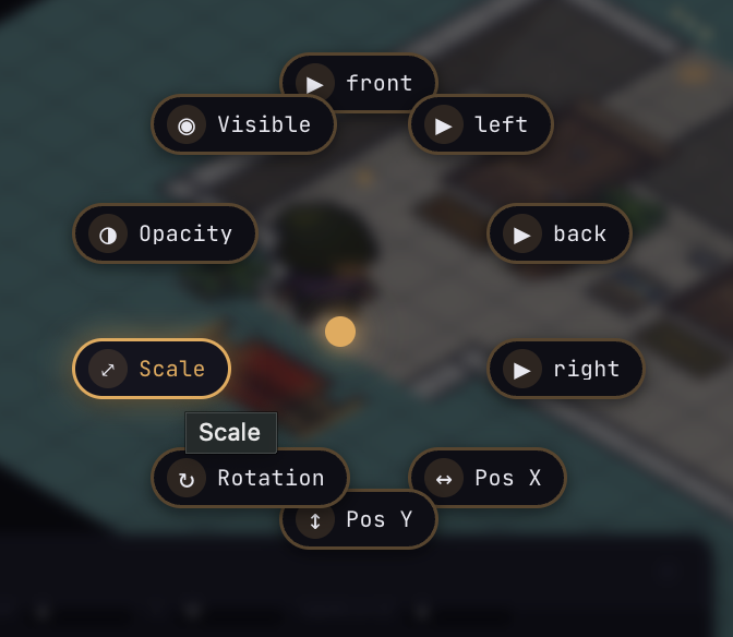 Entity property radial menu with Scale, Rotation, Position controls